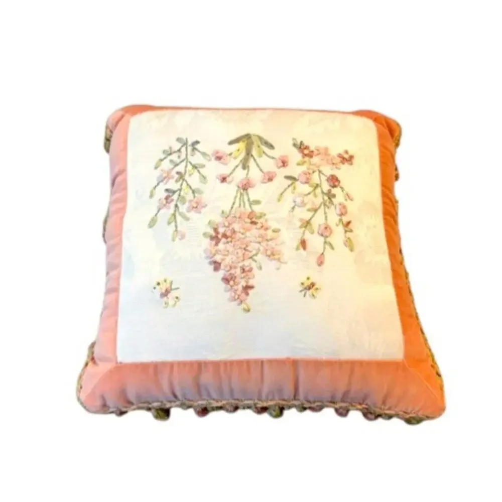 Botanical Embroidered Accent Pillow Pink Velvet Tassel Fringe